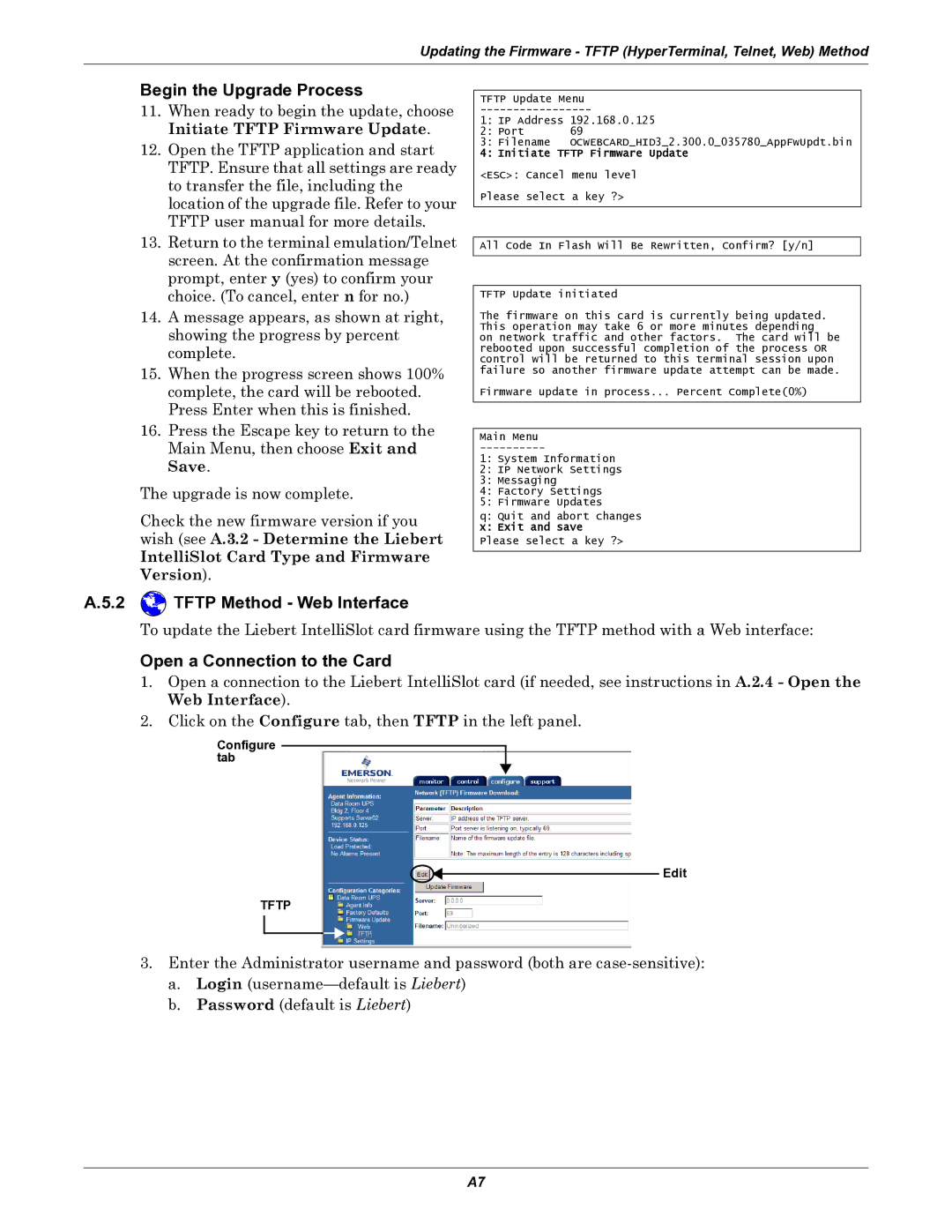 Emerson IS-WEB485ADPT installation manual Begin the Upgrade Process, Tftp Method Web Interface 