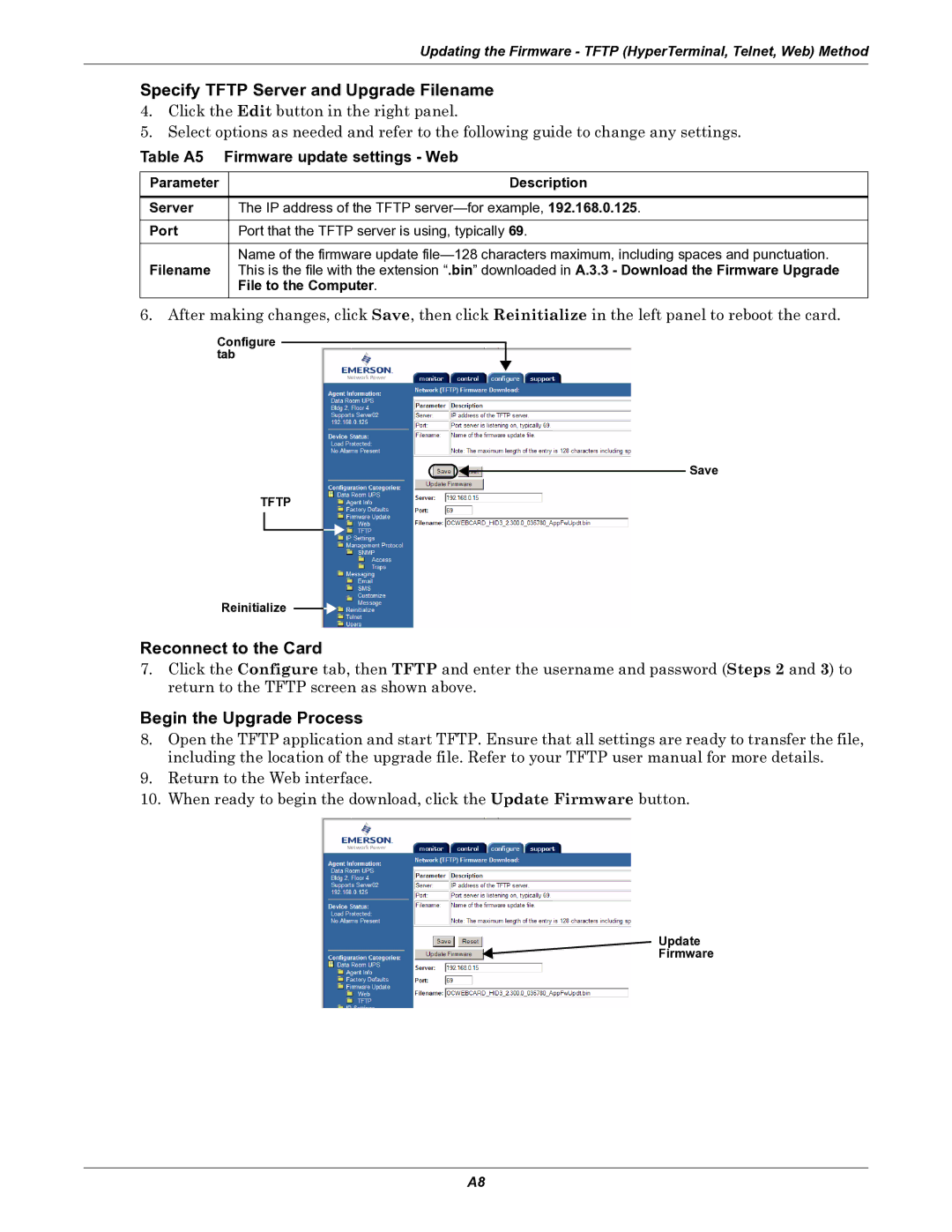 Emerson IS-WEB485ADPT installation manual Table A5 Firmware update settings Web 