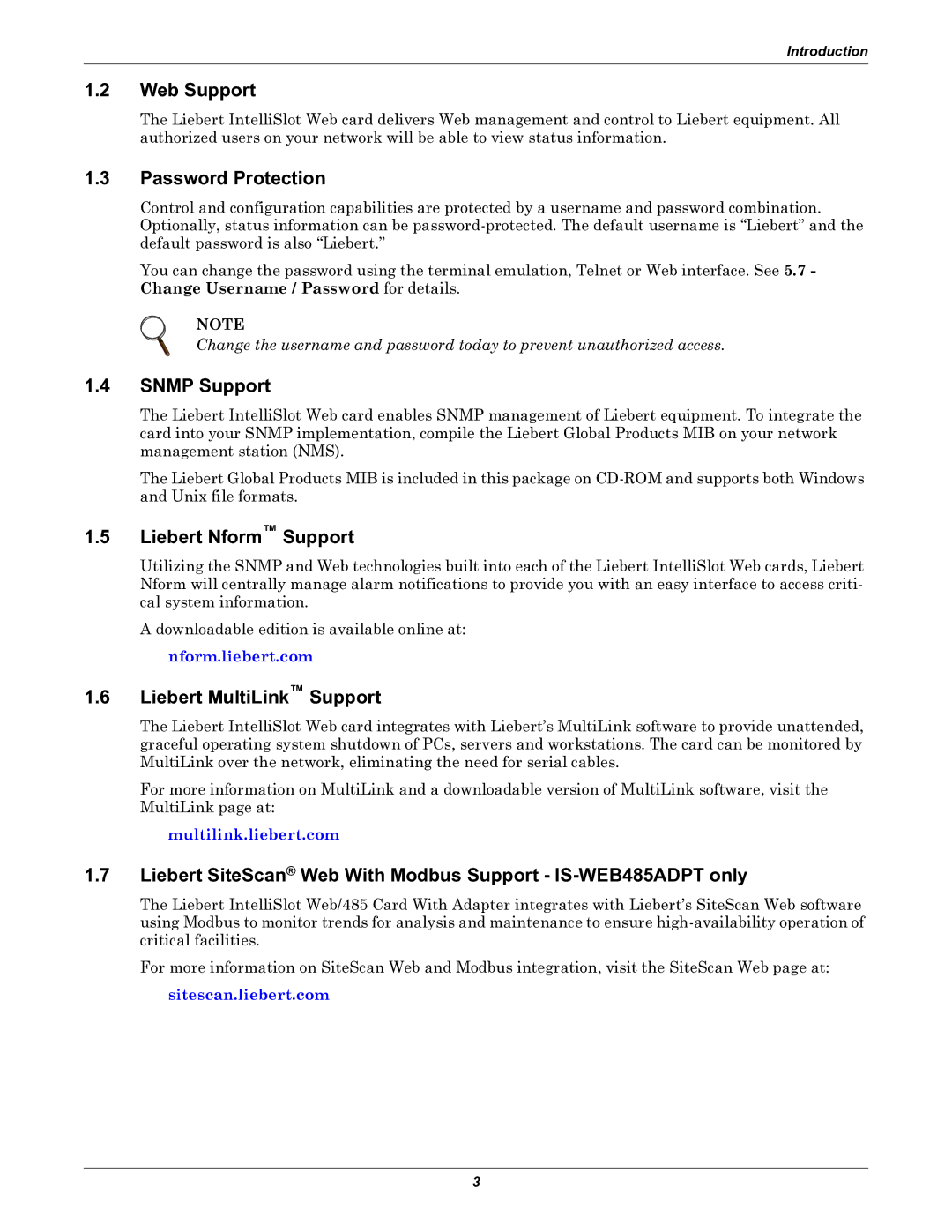 Emerson IS-WEB485ADPT Web Support, Password Protection, Snmp Support, Liebert Nform Support, Liebert MultiLink Support 