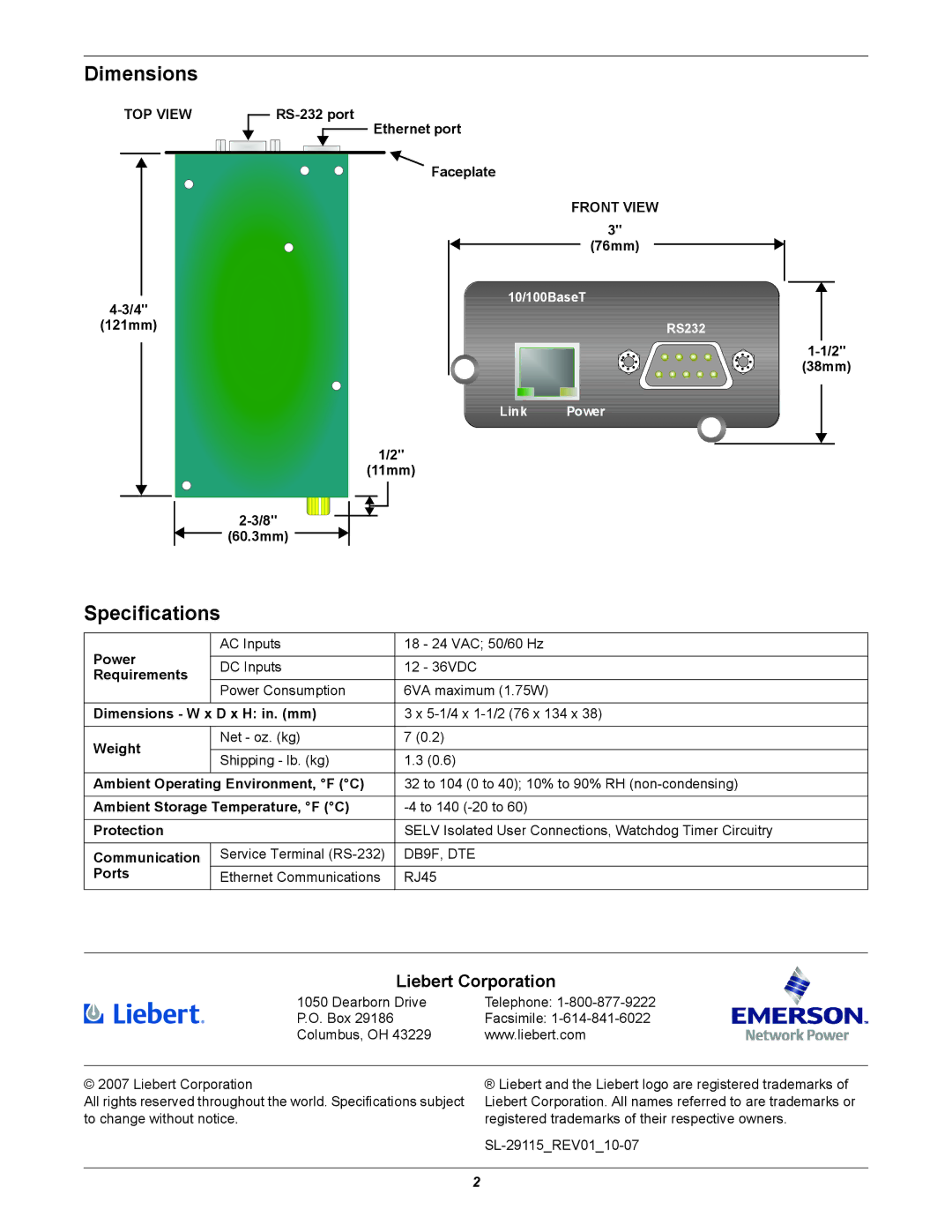 Emerson IS-WEBCARD, RFC2132, IS-WEBLBDS, RFC2131 specifications Dimensions, Specifications 