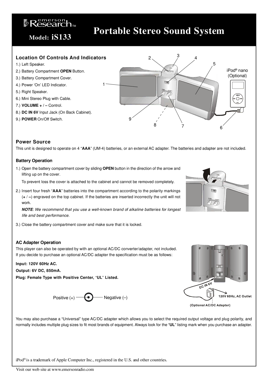 Emerson iS133 manual Location Of Controls And Indicators, Power Source, Battery Operation, AC Adapter Operation 