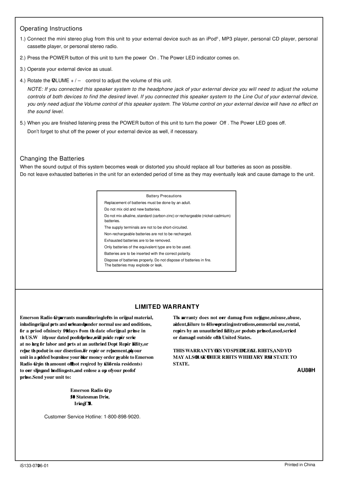 Emerson iS133 manual Operating Instructions, Changing the Batteries 