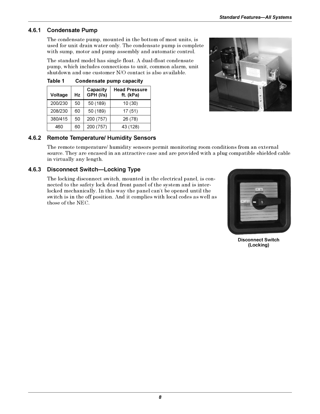 Emerson ITR manual Condensate Pump, Remote Temperature/ Humidity Sensors, Disconnect Switch-Locking Type 