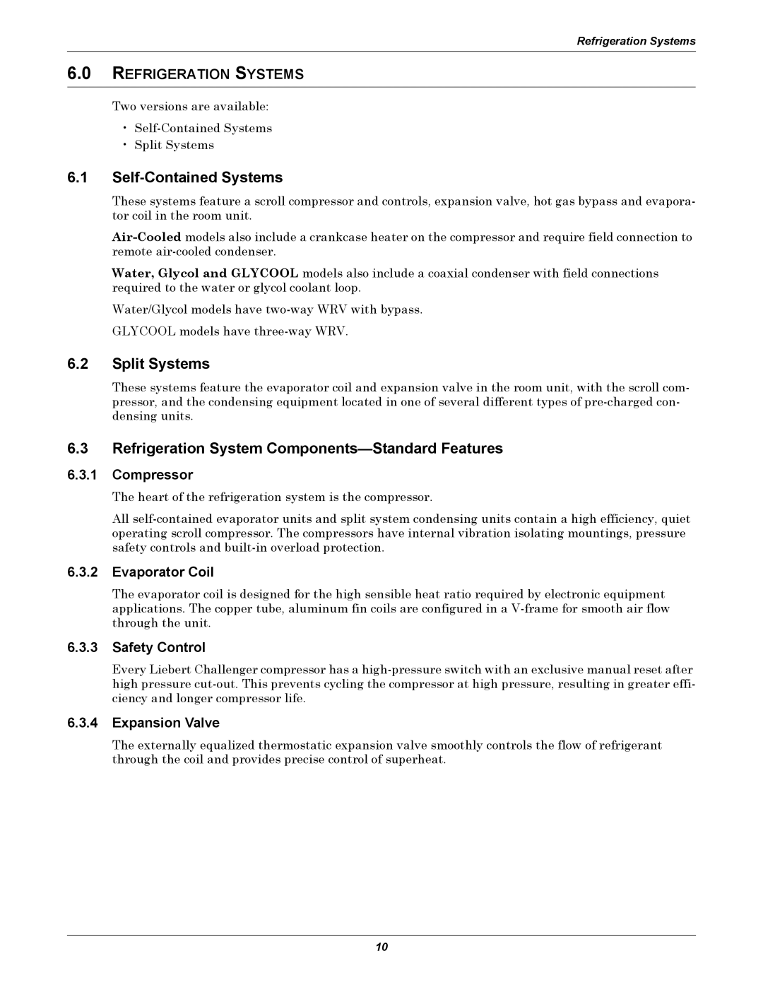 Emerson ITR manual Self-Contained Systems, Split Systems, Refrigeration System Components-Standard Features 