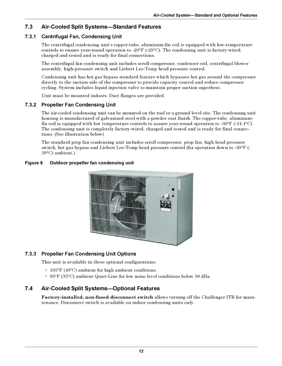 Emerson ITR manual Air-Cooled Split Systems-Standard Features, Air-Cooled Split Systems-Optional Features 