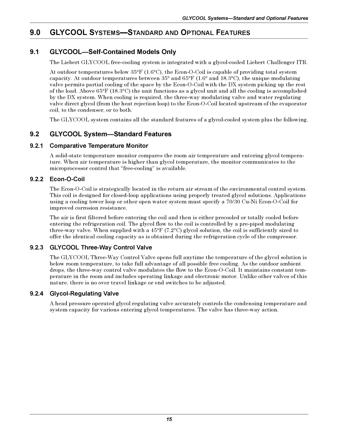 Emerson ITR manual GLYCOOL-Self-Contained Models Only, Glycool System-Standard Features 