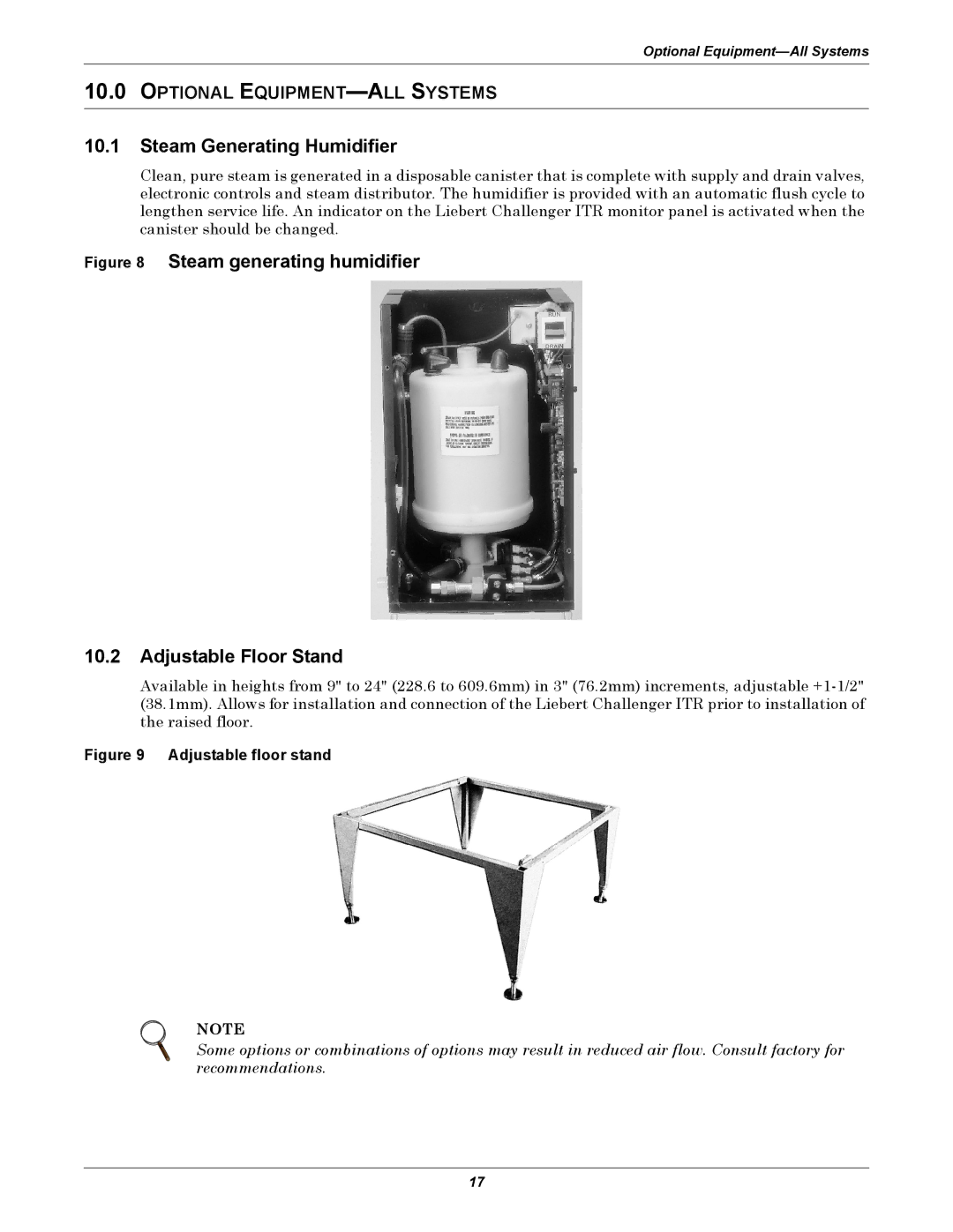 Emerson ITR manual Steam Generating Humidifier, Steam generating humidifier Adjustable Floor Stand 