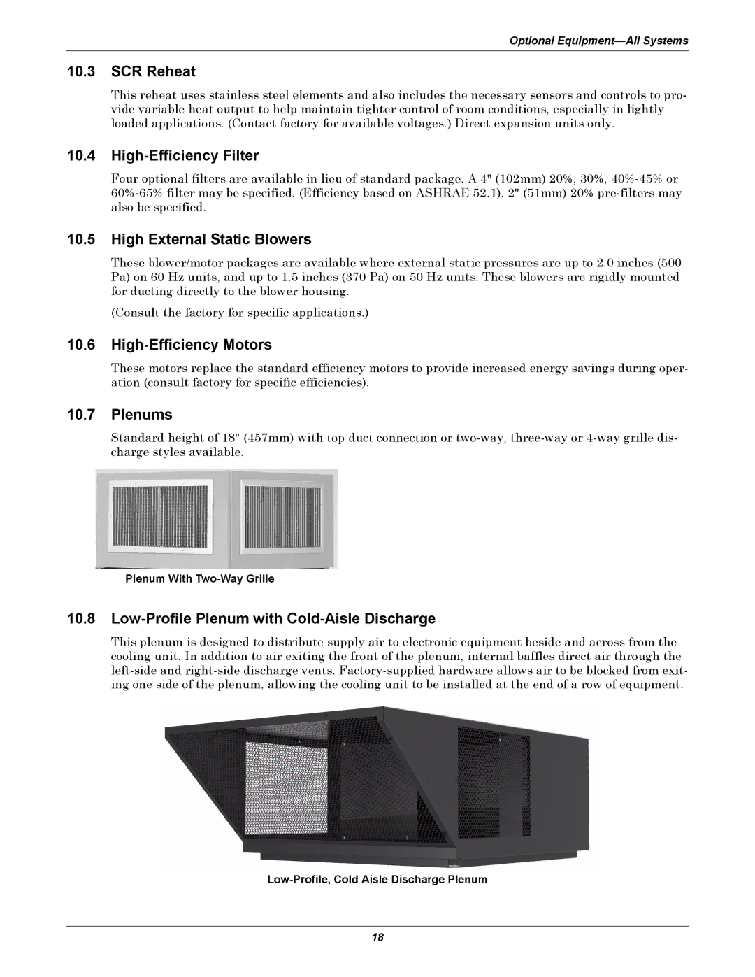 Emerson ITR manual SCR Reheat, High-Efficiency Filter, High External Static Blowers, High-Efficiency Motors, Plenums 