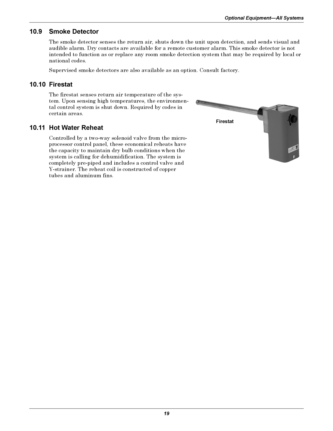 Emerson ITR manual Smoke Detector, Firestat, Hot Water Reheat 