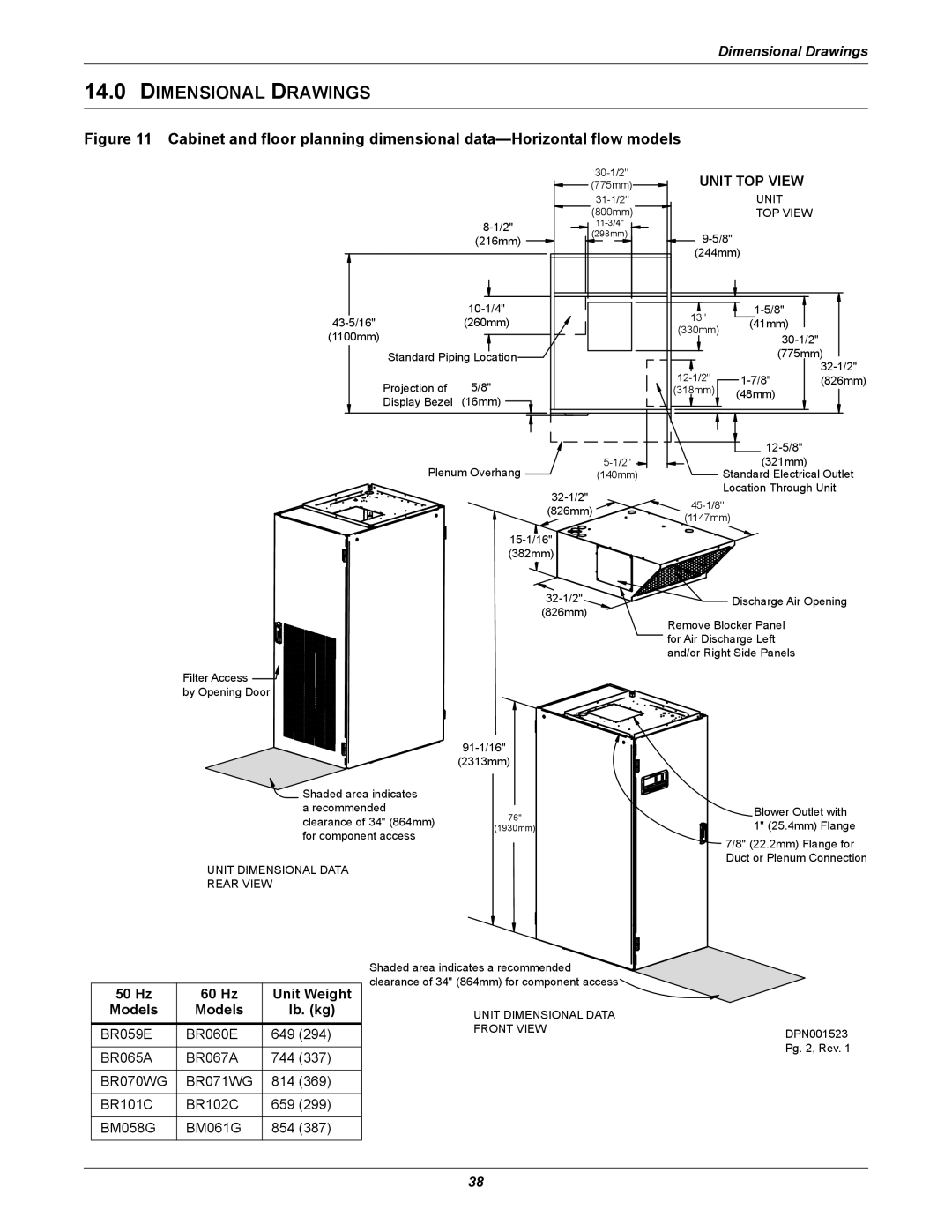 Emerson ITR manual Dimensional Drawings, 50 Hz 60 Hz Unit Weight Models Lb. kg 