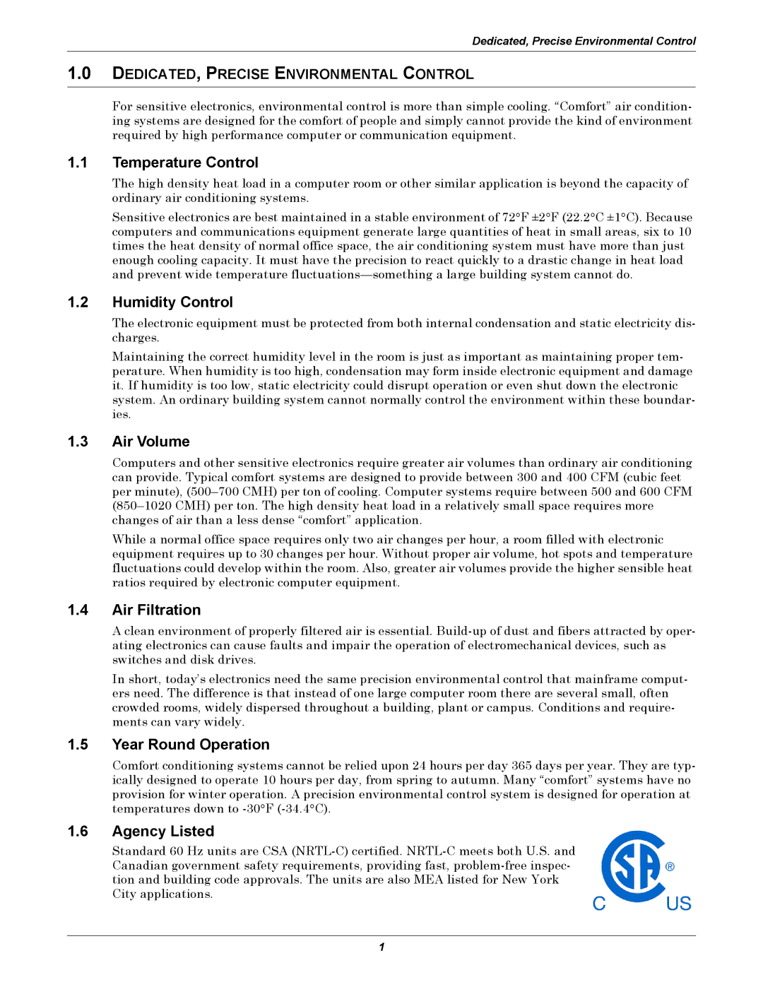 Emerson ITR manual Temperature Control, Humidity Control, Air Volume, Air Filtration, Year Round Operation, Agency Listed 