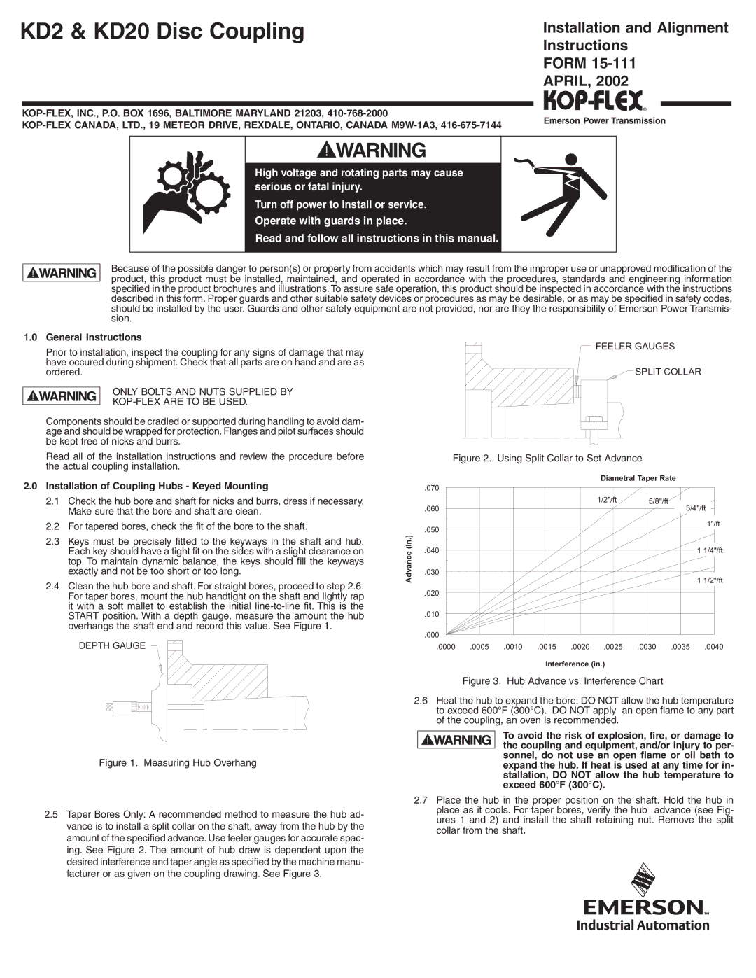 Emerson KD20 installation instructions KOP-FLEX, INC., P.O. BOX 1696, Baltimore Maryland 21203, General Instructions 