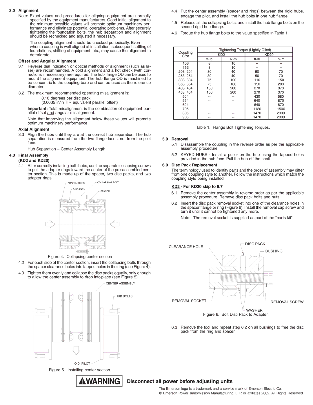 Emerson Offset and Angular Alignment, Axial Alignment, Final Assembly KD2 and KD20, Removal, Disc Pack Replacement 