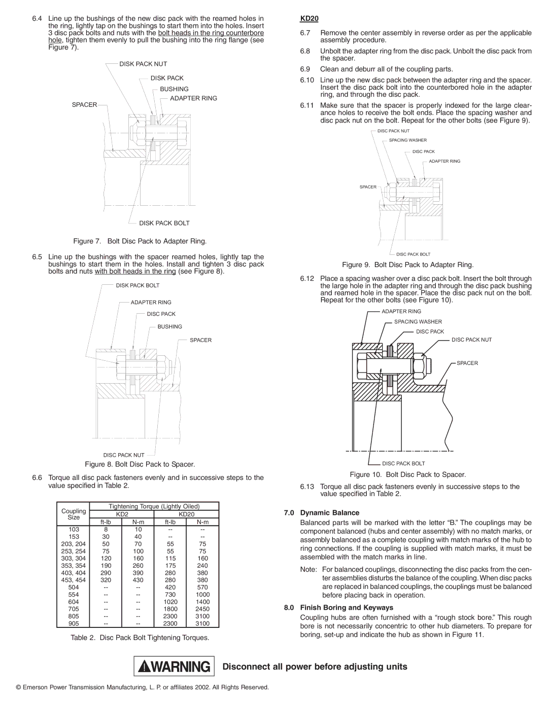 Emerson installation instructions KD20, Dynamic Balance, Finish Boring and Keyways 