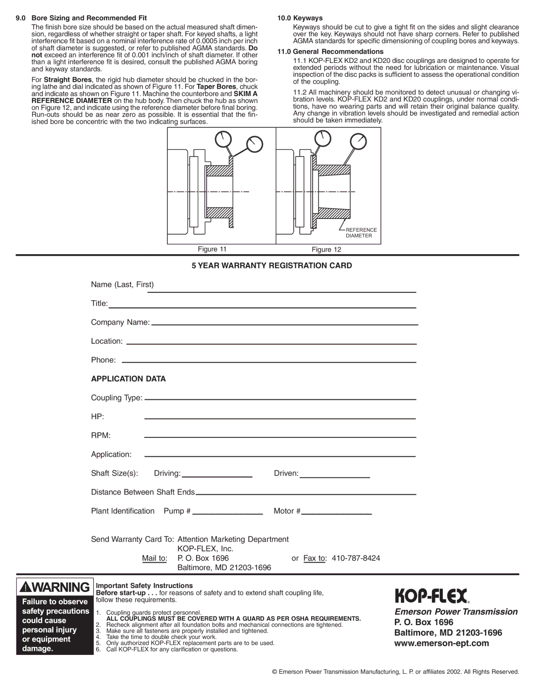 Emerson KD20 Bore Sizing and Recommended Fit, Keyways, General Recommendations, Important Safety Instructions 