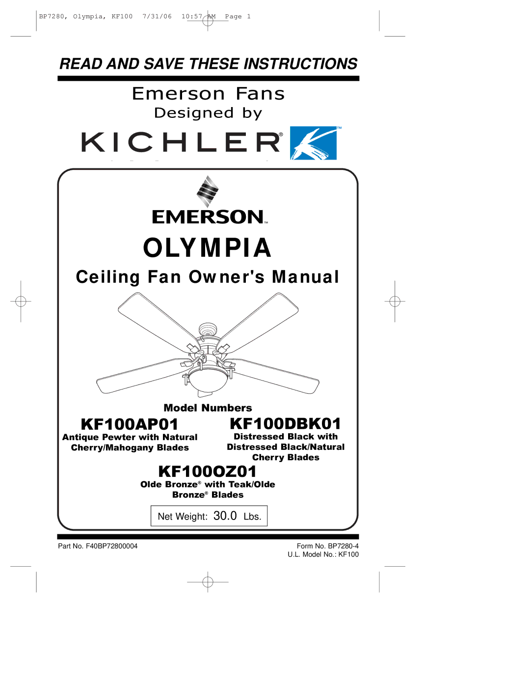 Emerson KF100OZ01, KF100AP01, KF100DBK01 owner manual Olympia 