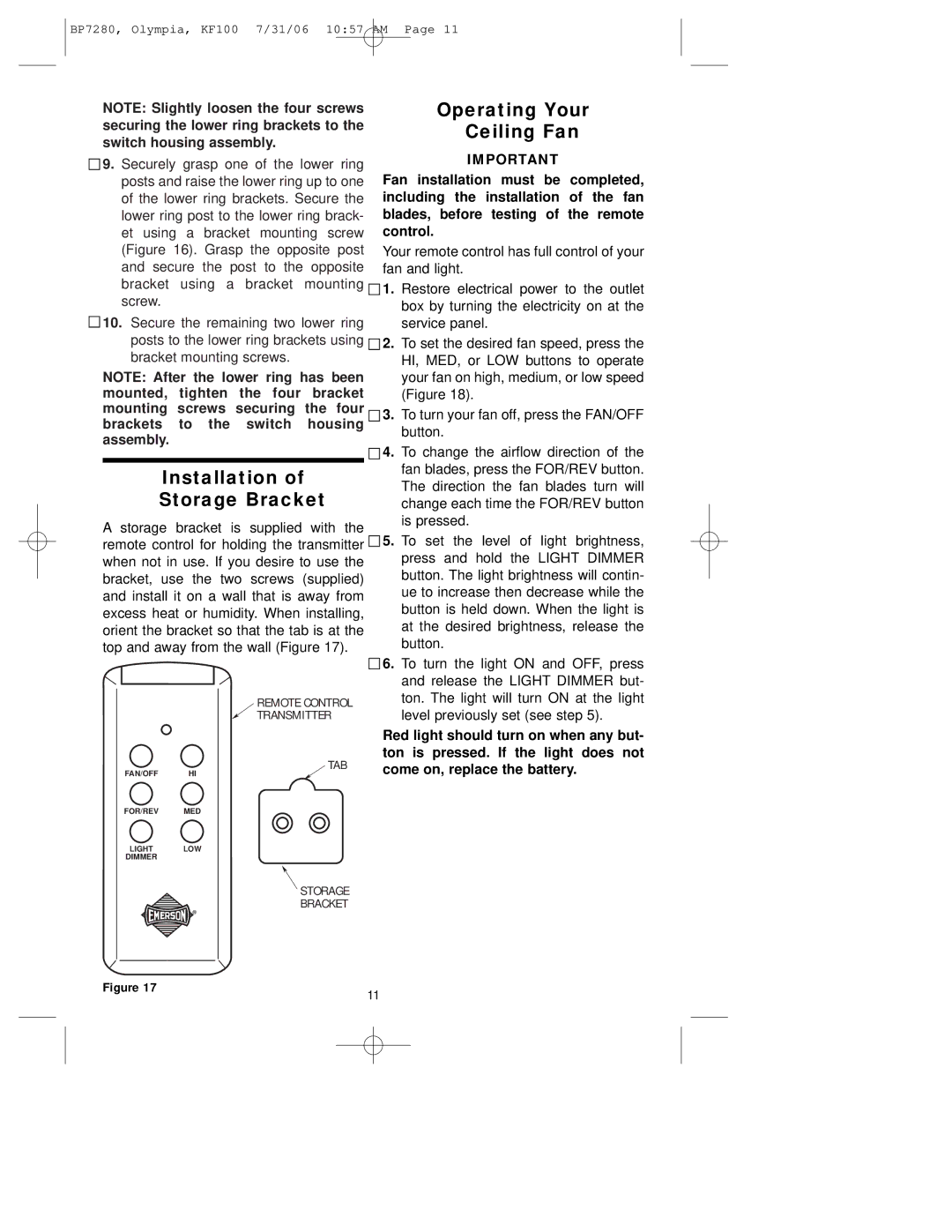 Emerson KF100DBK01, KF100AP01, KF100OZ01 owner manual Operating Your Ceiling Fan, Installation, Storage Bracket 