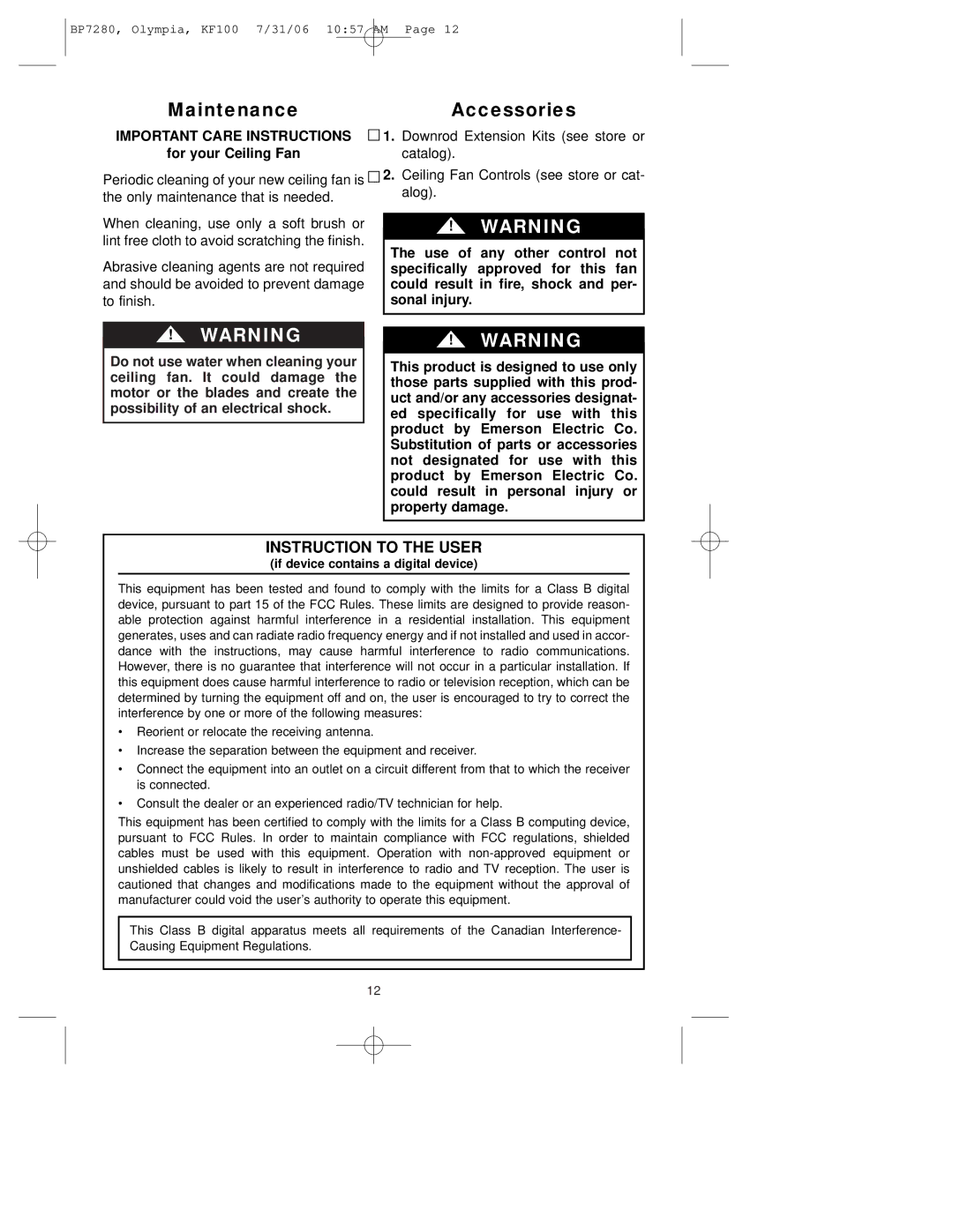 Emerson KF100AP01, KF100OZ01, KF100DBK01 owner manual MaintenanceAccessories, Important Care Instructions 