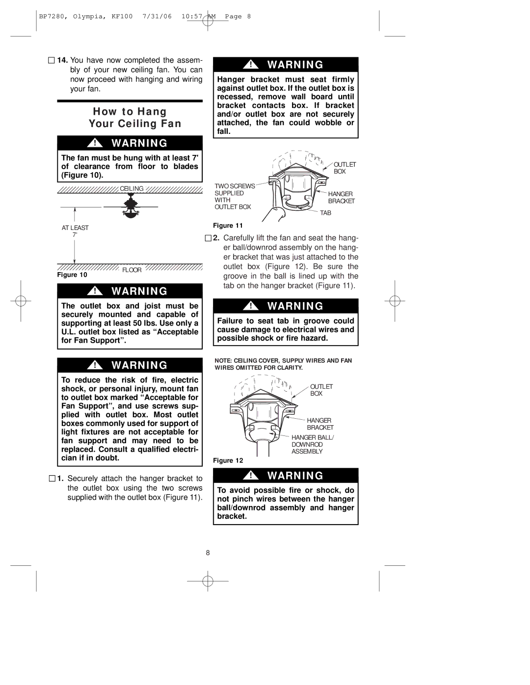 Emerson KF100DBK01, KF100AP01, KF100OZ01 owner manual How to Hang Your Ceiling Fan, Outlet BOX TAB AT Least Floor 