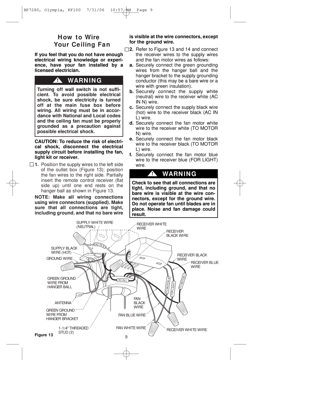 Emerson KF100AP01, KF100OZ01, KF100DBK01 owner manual How to Wire Your Ceiling Fan, Receiver White Wire 