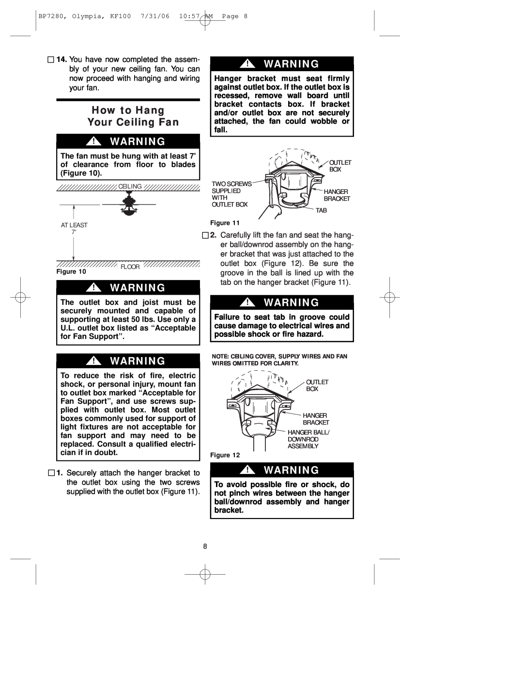 Emerson KF100DBK01, KF100AP01, KF100OZ01 owner manual How to Hang Your Ceiling Fan 