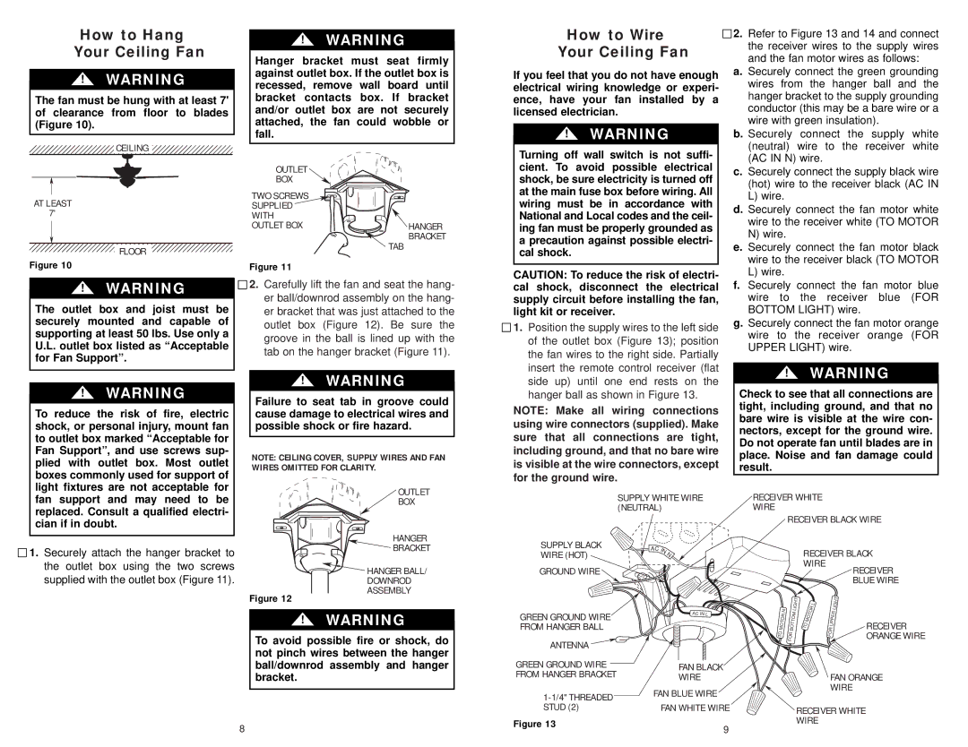 Emerson KF140TZ00 owner manual How to Hang Your Ceiling Fan, How to Wire Your Ceiling Fan 