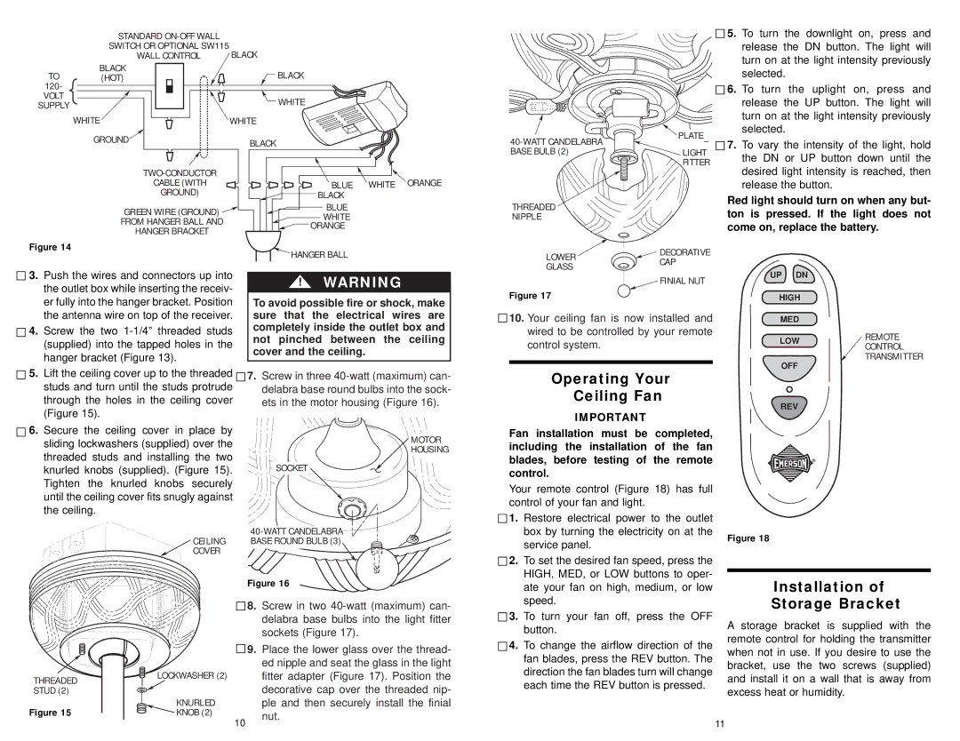 Emerson KF140TZ00 owner manual Operating Your Ceiling Fan, Installation Storage Bracket 