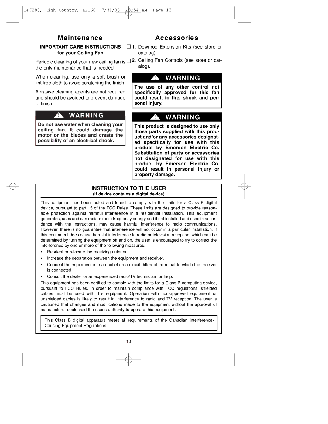 Emerson KF160OI01 owner manual MaintenanceAccessories, Important Care Instructions 