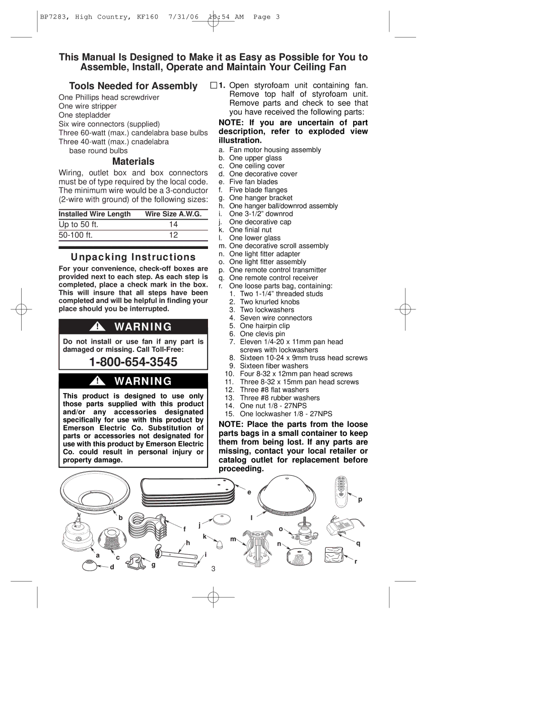 Emerson KF160OI01 owner manual Materials 