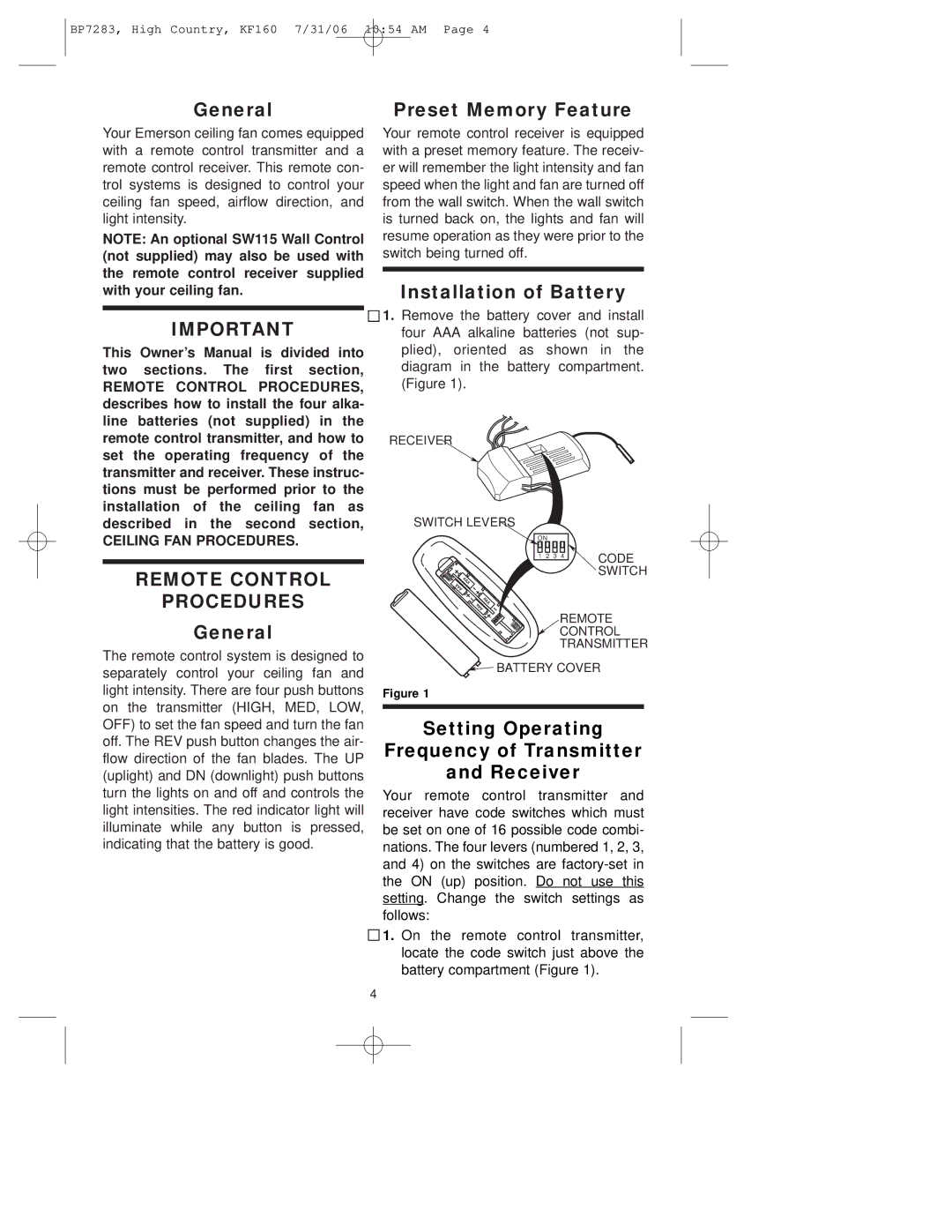 Emerson KF160OI01 owner manual General Preset Memory Feature, Installation of Battery 