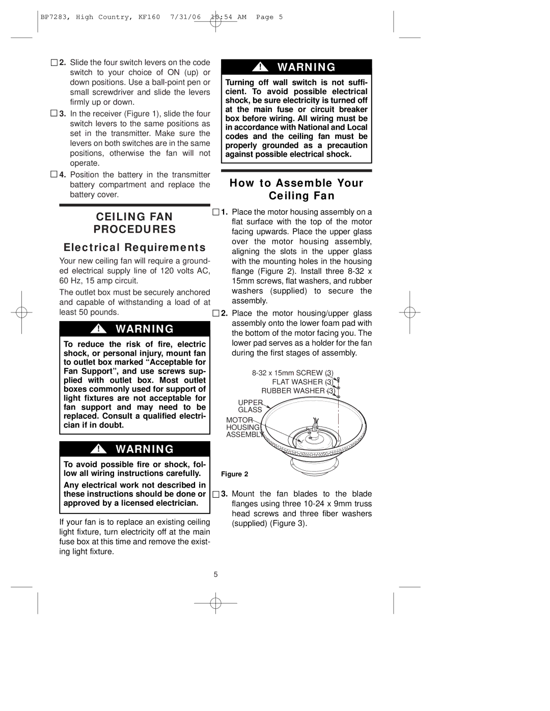 Emerson KF160OI01 owner manual Electrical Requirements, How to Assemble Your Ceiling Fan 