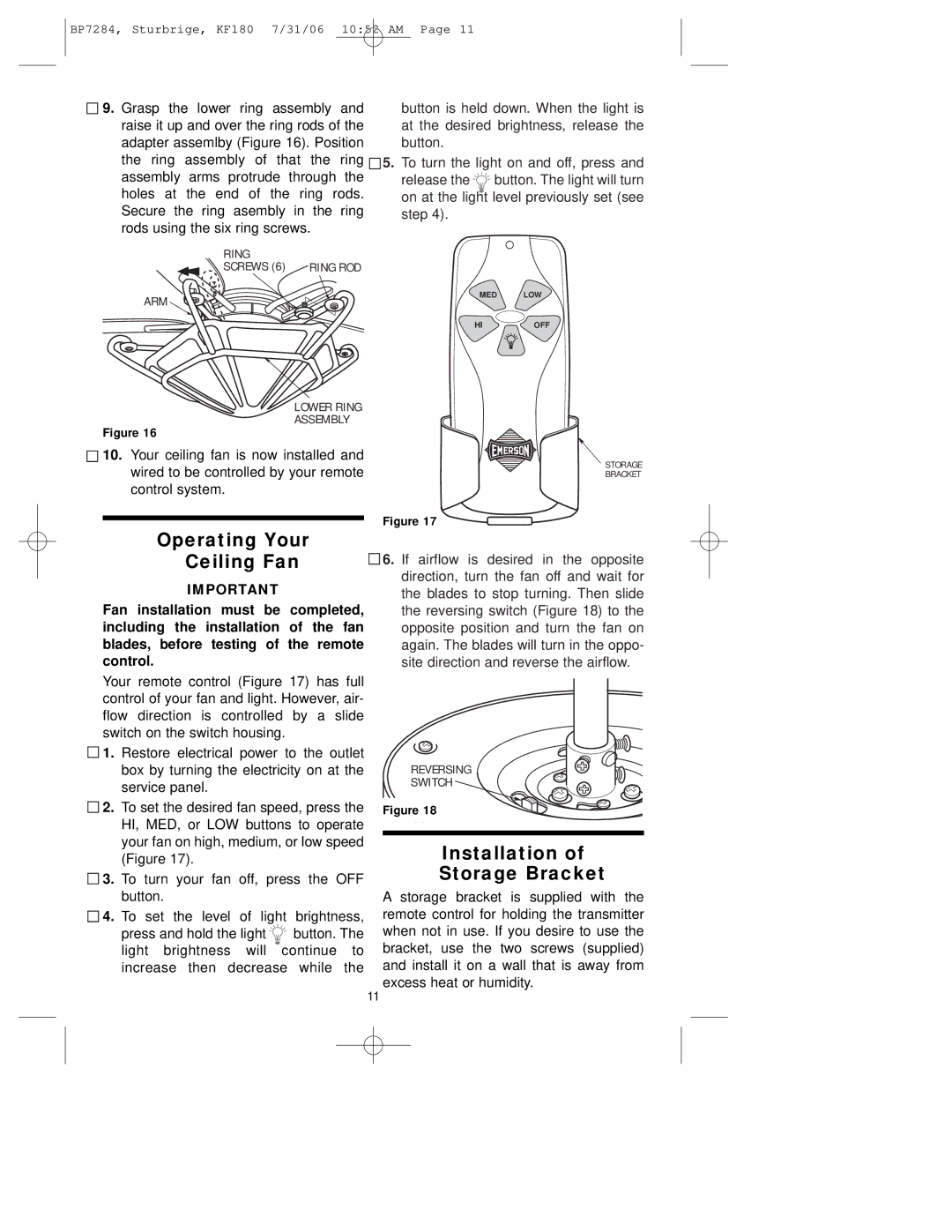 Emerson KF180 owner manual Operating Your Ceiling Fan, Installation Storage Bracket 