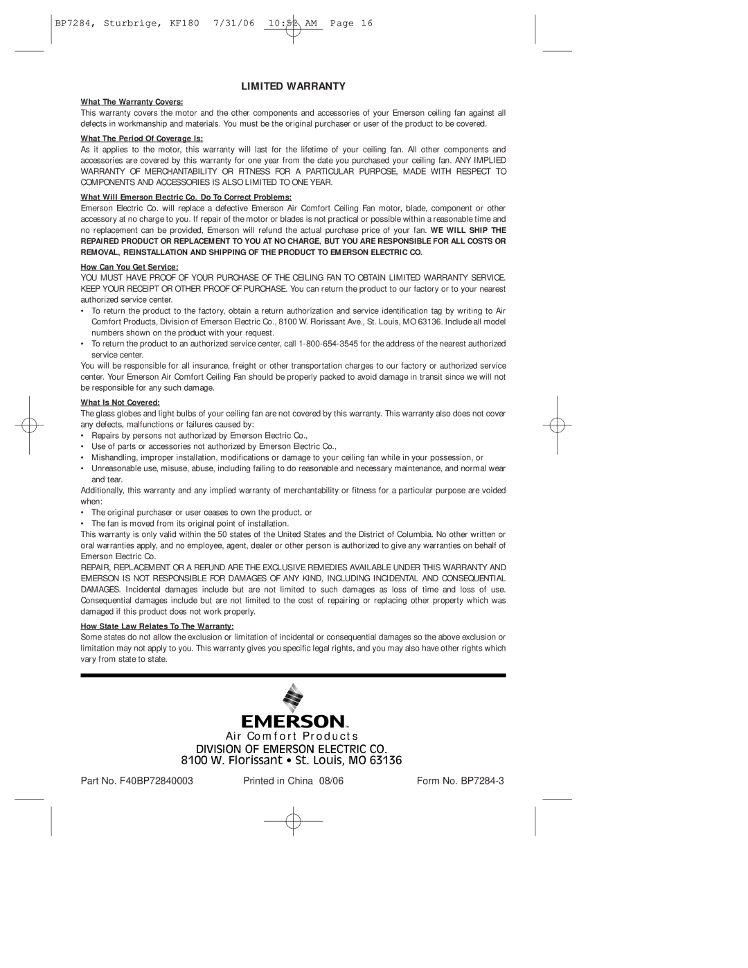 Emerson KF180 owner manual Limited Warranty 