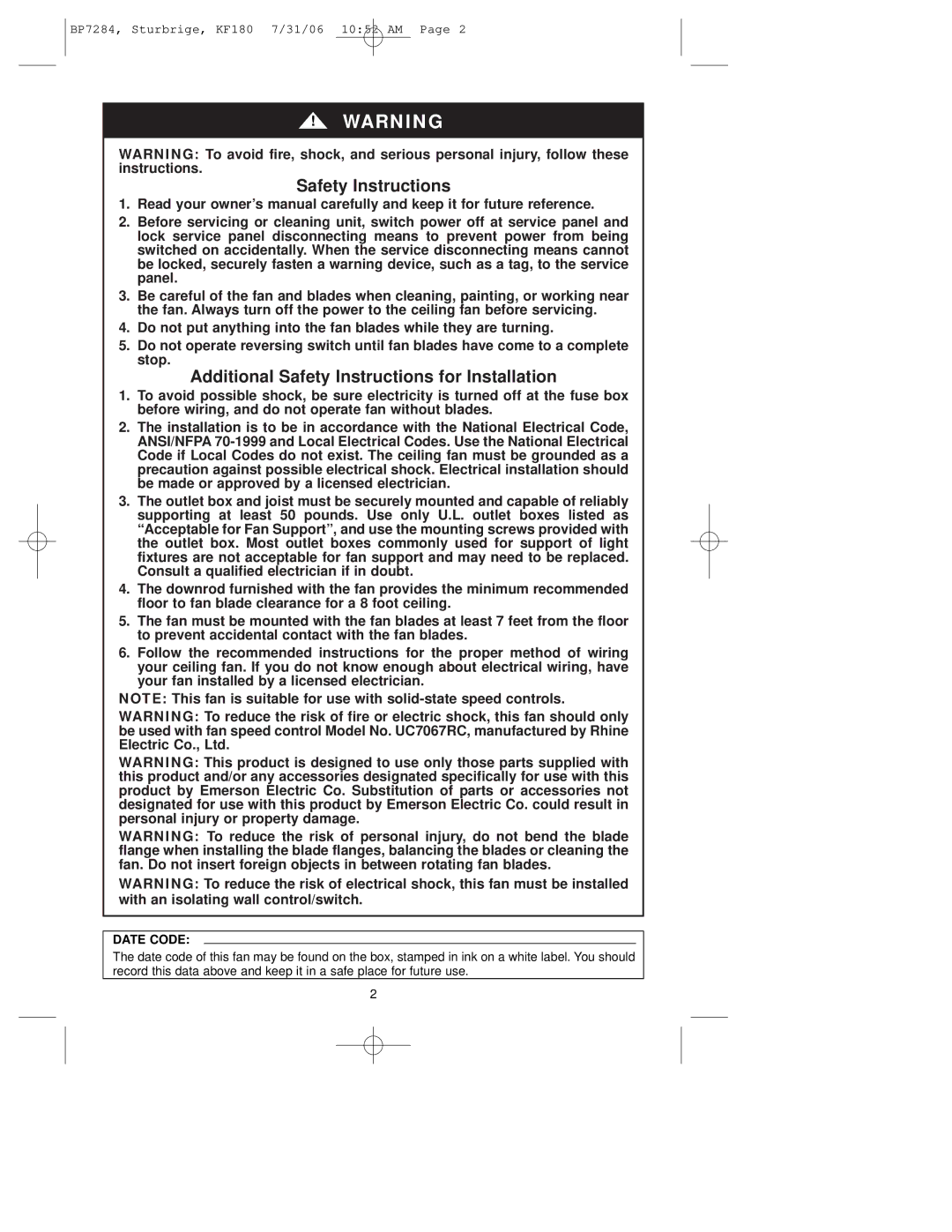 Emerson KF180 owner manual Safety Instructions 