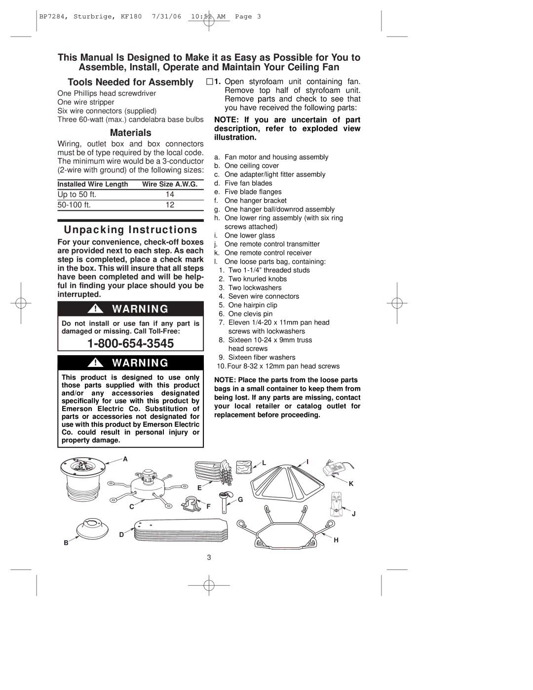 Emerson KF180 owner manual Unpacking Instructions, Materials 