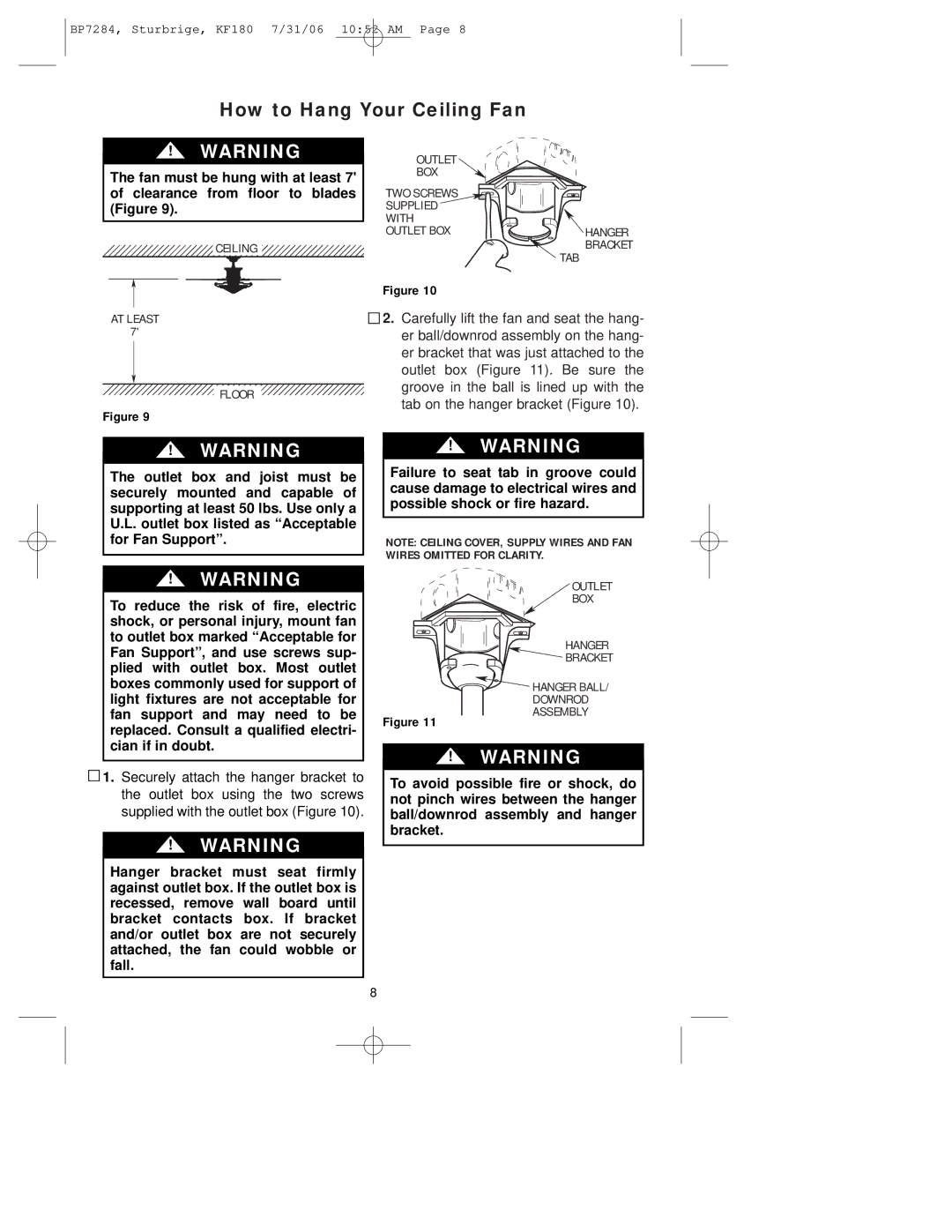 Emerson KF180 owner manual How to Hang Your Ceiling Fan, Tab 