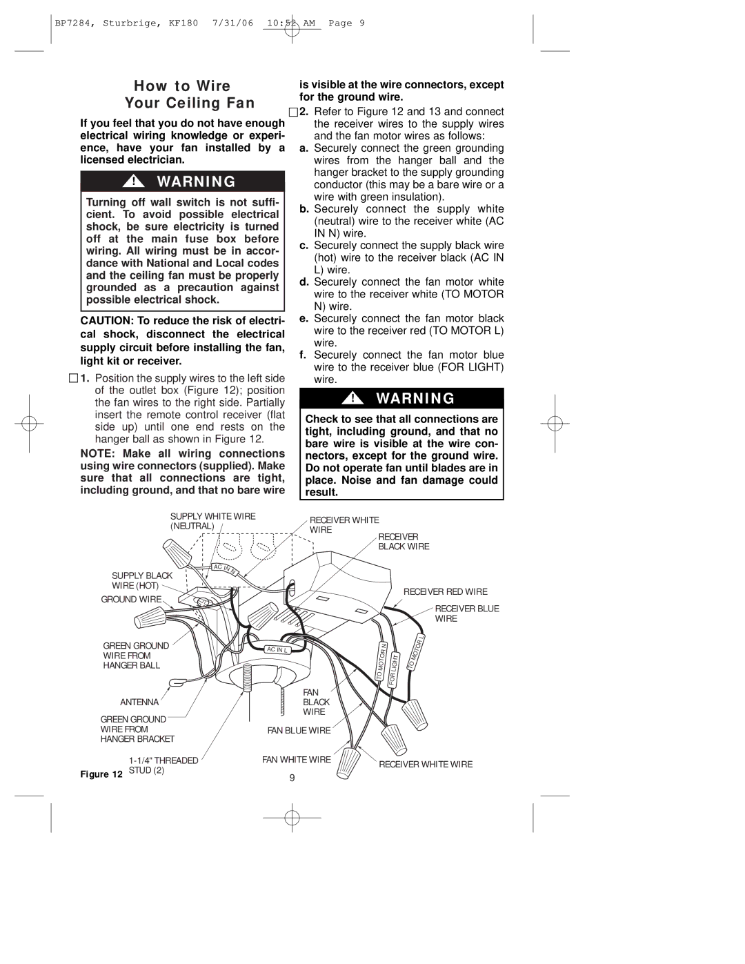 Emerson KF180 owner manual How to Wire Your Ceiling Fan, Stud 