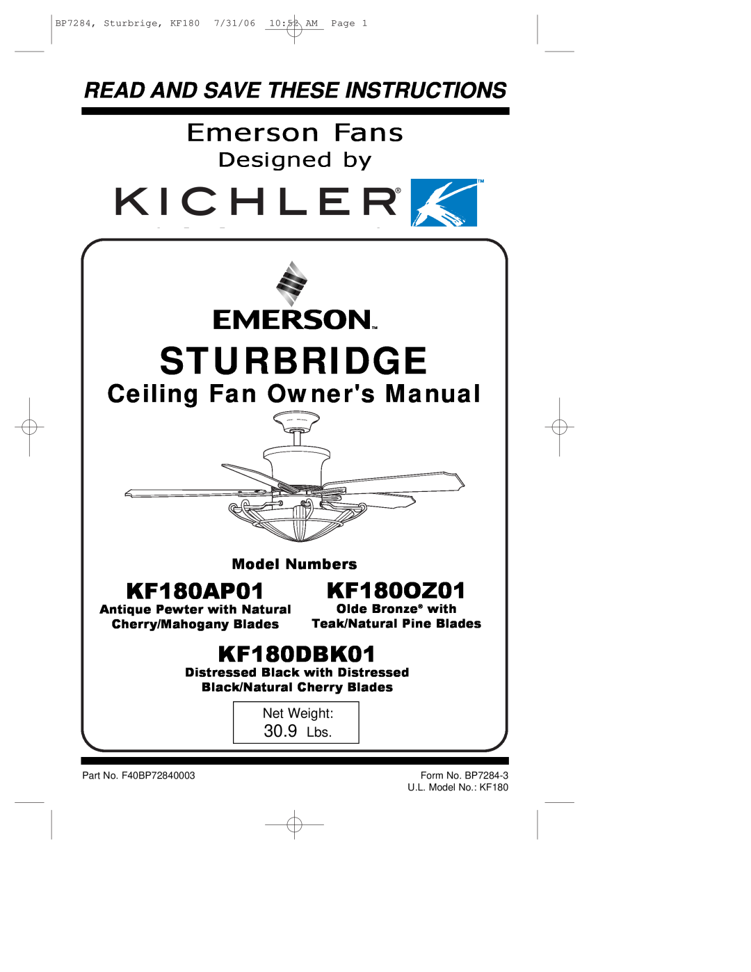 Emerson owner manual Sturbridge, Emerson Fans, KF180AP01, KF180OZ01, KF180DBK01, Read And Save These Instructions 