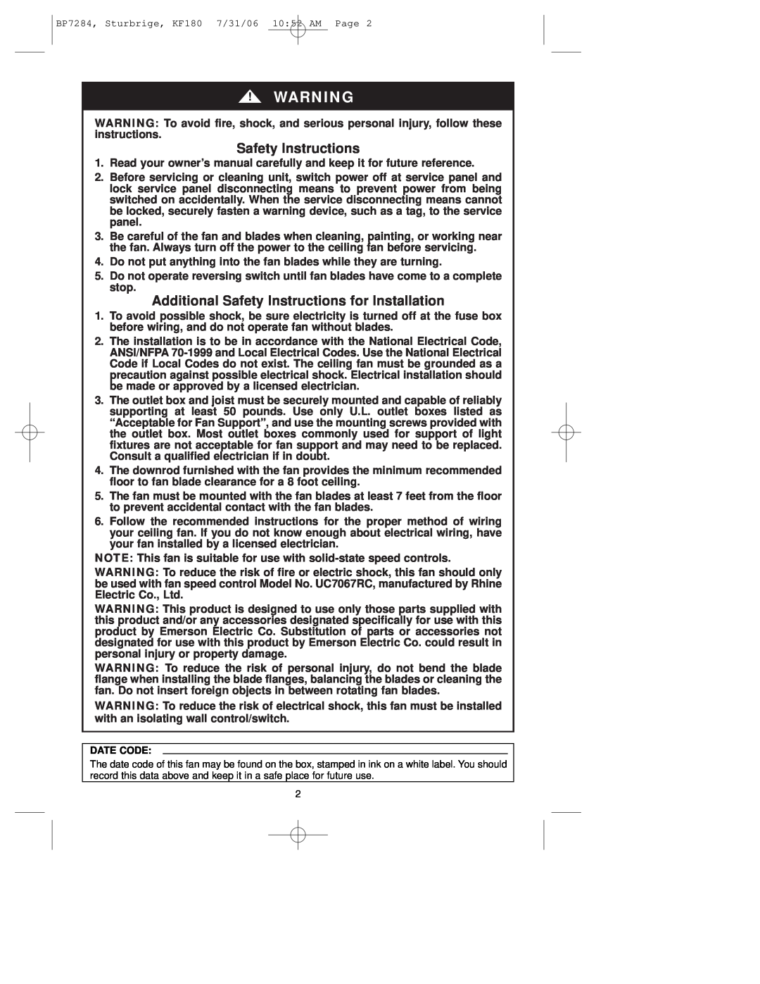 Emerson KF180 owner manual Additional Safety Instructions for Installation, Date Code 