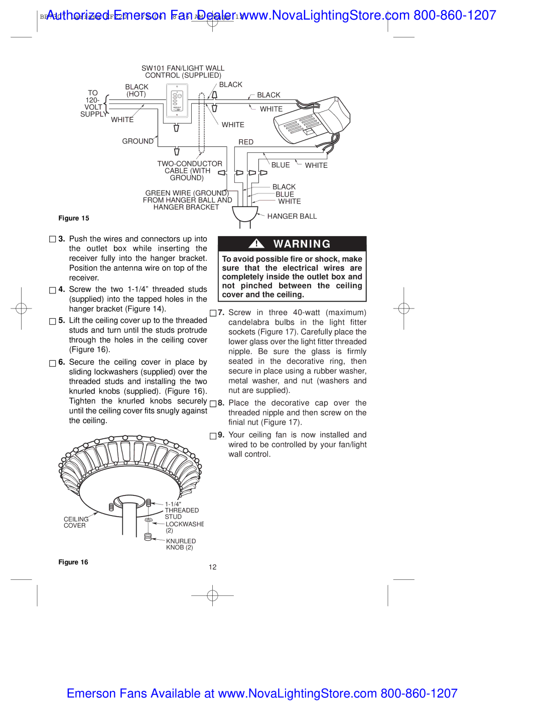 Emerson kf220tzg00 owner manual SW101 FAN/LIGHT Wall Control Supplied Black To HOT 