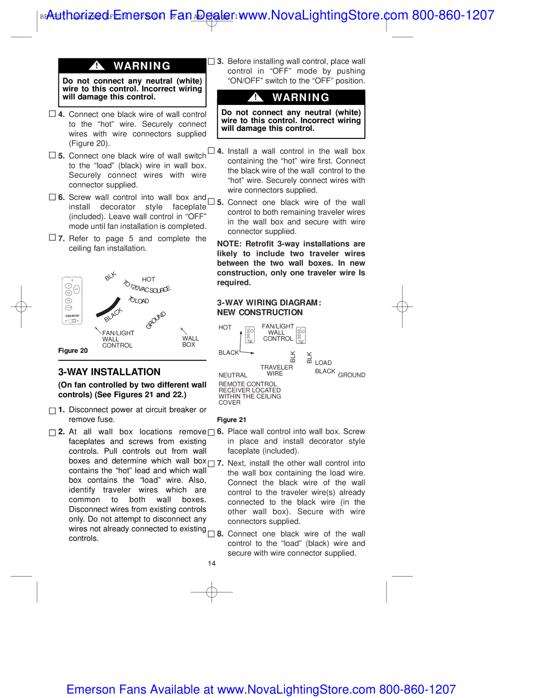 Emerson kf220tzg00 owner manual Do not connect any neutral white, Required WAY WIRlNG Diagram NEW Construction 