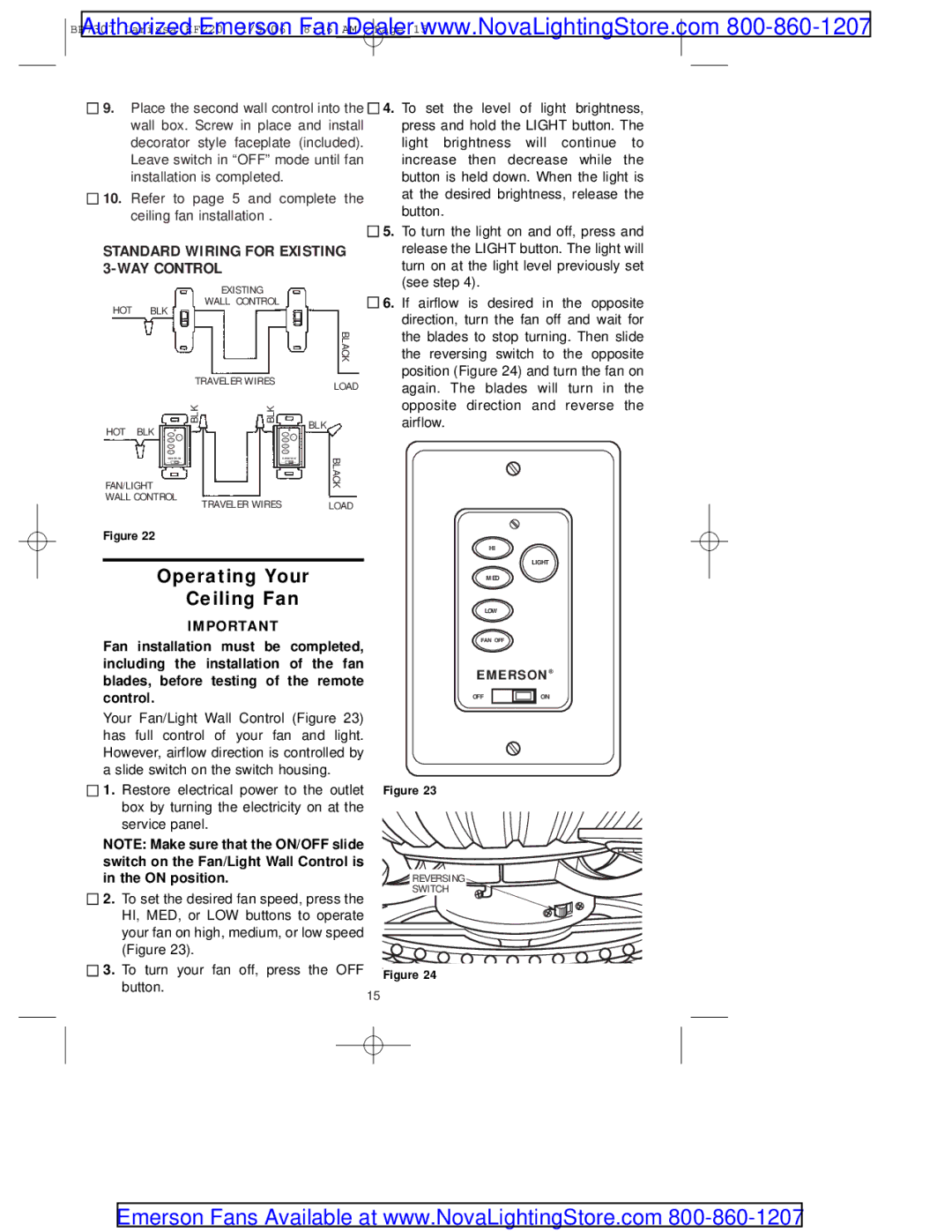 Emerson kf220tzg00 owner manual Operating Your Ceiling Fan, On position.REVERSING Switch 