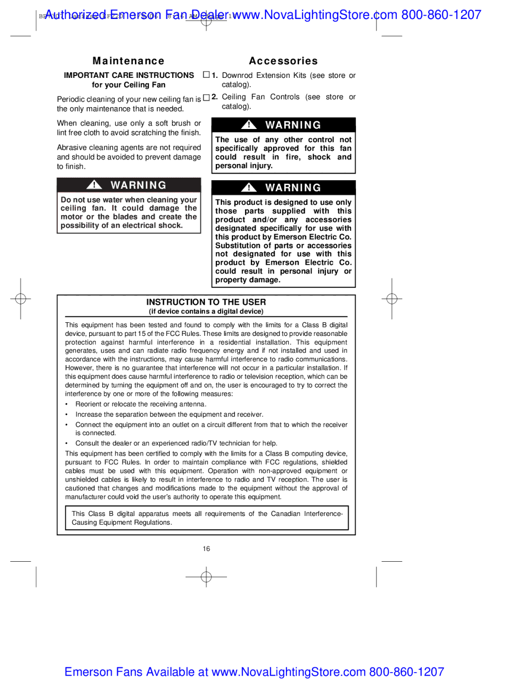 Emerson kf220tzg00 owner manual MaintenanceAccessories, Important Care Instructions, For your Ceiling Fan 