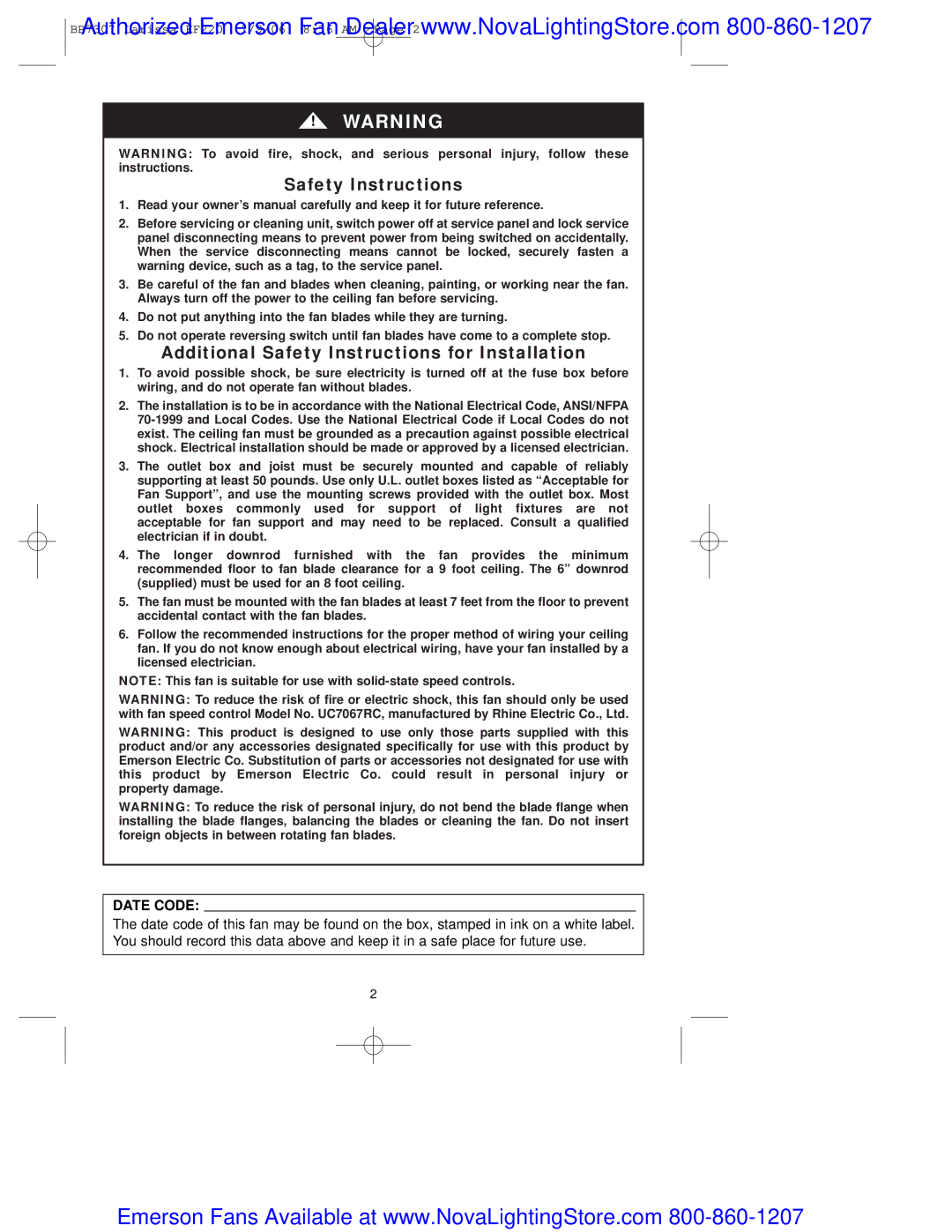 Emerson kf220tzg00 owner manual Additional Safety Instructions for Installation, Date Code 