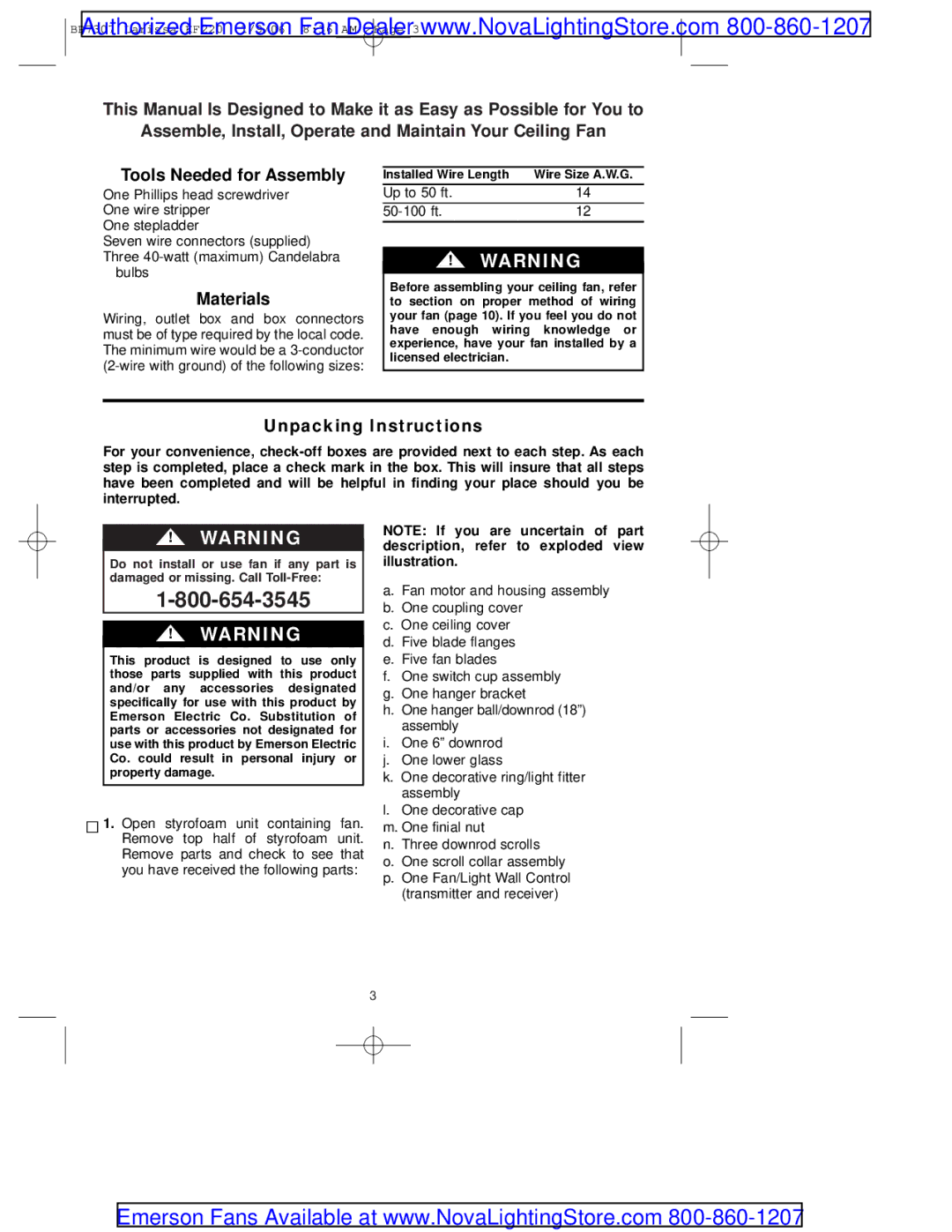 Emerson kf220tzg00 owner manual Materials, Unpacking Instructions 