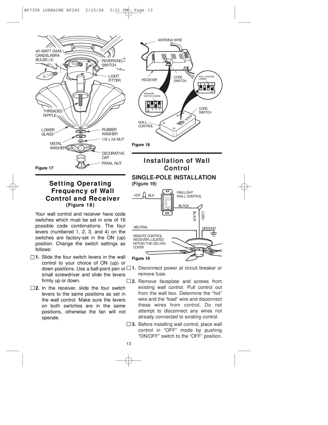 Emerson KF240PRZ00 owner manual Installation of Wall Control, Setting Operating Frequency of Wall Control and Receiver 