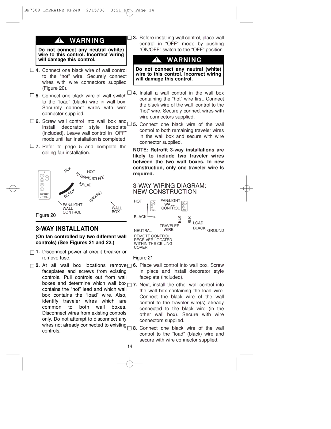 Emerson KF240PRZ00 owner manual Do not connect any neutral white, Required WAY WIRlNG Diagram NEW Construction 