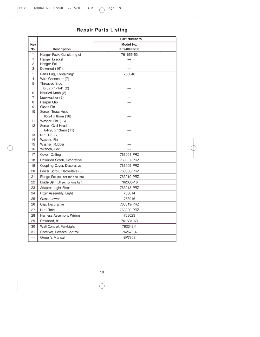 Emerson KF240PRZ00 owner manual Repair Parts Listing, Key Part Numbers Model No Description 