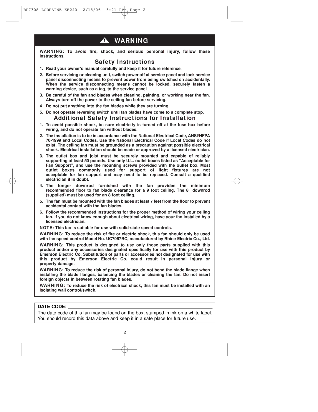 Emerson KF240PRZ00 owner manual Additional Safety Instructions for Installation, Date Code 