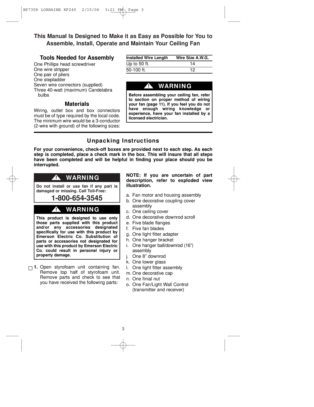 Emerson KF240PRZ00 owner manual Materials, Unpacking Instructions 